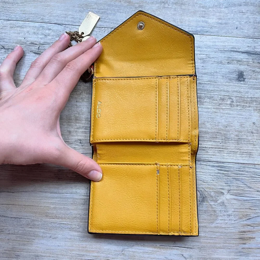 ALDO Leather Wallet Orange Brown Colorblock Chain Accent Compact Chic Fold